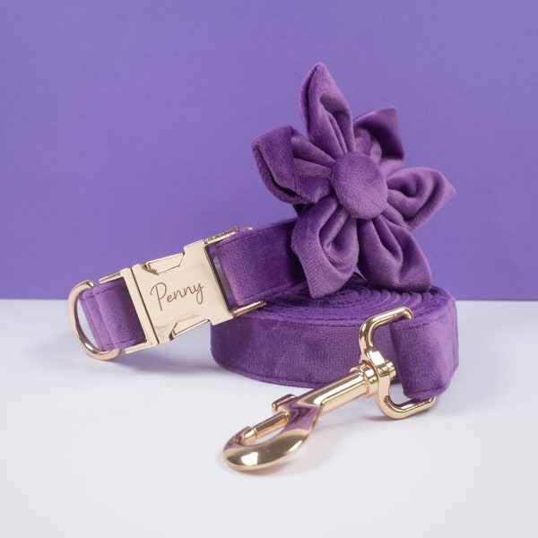 Purple Personalized Dog Collar Flower, Thick Velvet Dog Collar Wedding, Luxury Pet Puppy Collar for Small Dogs, Engraved Collar with Name