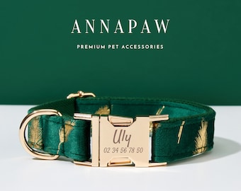 Grün Gold Feder personalisierte Hundehalsband Bogen Set,Welpen Halsband mit Name eingraviert,benutzerdefinierte Junge Hundehalsband,Hundehalsband Fliege für Hochzeitsgeschenk