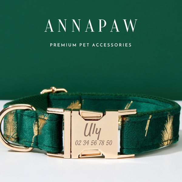 Groene gouden veer gepersonaliseerde halsband strikset, puppyhalsband met gegraveerde naam, aangepaste jongen halsband, halsband strikje voor huwelijkscadeau