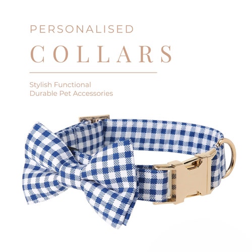 Navy Blue Plaid Dog Collar Personalized Name Engraved Summer Etsy