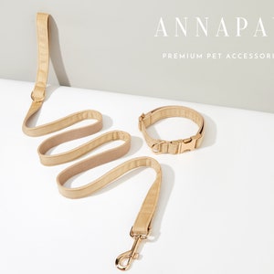 Op de afbeelding: Een beige leren hondenhalsband en riemset met gouden hardware. De halsband heeft een gespsluiting en de riem heeft een haakgesp. De set ligt op een wit oppervlak. De tekst "ANNAPAW PREMIUM PET ACCESSORIES" is zichtbaar bovenaan de afbeelding.