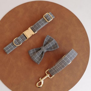 Grey Plaid Personalized Dog Collar and Leash Bow tie set, Free Name Engraving