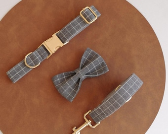 Grey Plaid Personalized Dog Collar and Leash Bow tie set, Free Name Engraving