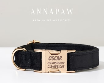 Classic Black Velvet Puppy Collar Leash Set,Personalized Dog Collar Bowtie Set For Birthday Gift,Handmade Engraved Dog Collar Leash Bow