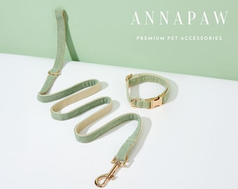 Sage Green Corduroy Dog Collar Bowtie Set,Personalized Corduroy Dog Collar and Leash, Collar for Wedding Gift,Free Engraved on Dog Collar