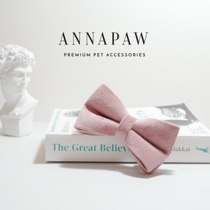 Pu&ograve; includere: Un papillon di velluto rosa polvere per animali domestici. Il papillon &egrave; su un libro bianco con il testo "The Great Believ" visibile.