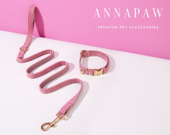 Personalized Dog Collar Bow tie Set,Dusty Pink Corduroy Dog Lead Collar with Bow, Collar for Wedding Gift,Free Engraved Name on Puppy Collar