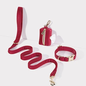 Handmade Red Velvet Puppy Collar Leash With Dog Poo Bag Carrier,Luxurious Dog Collar Leash Set,Soft Puppy Collar with Name Engraved For Gift