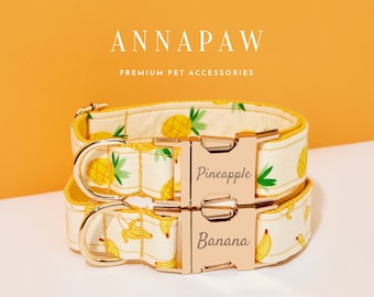 Cute Summer Dog Collar with Personalized Tag, Banana Pineapple Print Dog Collar and Leash, Collar for Male Dog, Engraved Name on Dog Collar