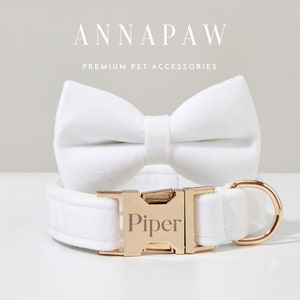 Custom White Velvet Dog Collar Bowtie Set,Handmade Puppy Collar Leash Set,Fancy Dog Collar Leash Bowtie For Wedding Gift,Engraved Dog Collar