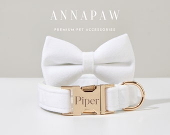 Custom White Velvet Dog Collar Bowtie Set,Handmade Puppy Collar Leash Set,Fancy Dog Collar Leash Bowtie For Wedding Gift,Engraved Dog Collar
