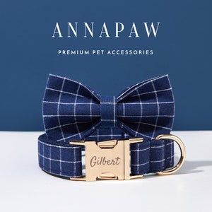 Handmade Blue Check Personalized Dog Collar Bow Set, Puppy Collar with Name Engraved, Custom Boy Dog Collar, Plaid Dog Collar