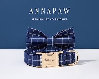 Handmade Blue Check Personalized Dog Collar Bow Set, Puppy Collar with Name Engraved, Custom Boy Dog Collar, Plaid Dog Collar