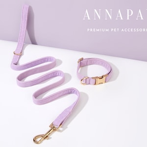 Könnte beinhalten: Ein lilafarbenes Halsband und eine dazu passende Leine mit goldenen Beschlägen. Halsband und Leine sind aus einem weichen, strukturierten Stoff gefertigt. Der Text "ANNAPAWS PREMIUM PET ACCESSORIES" ist im Hintergrund sichtbar.