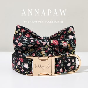 Handmade Floral Dog Collar with Personalized Tag, Flower Dog Collar and Leash with Bow, Collar for Wedding Gift, Engraved Name on Dog Collar image 4