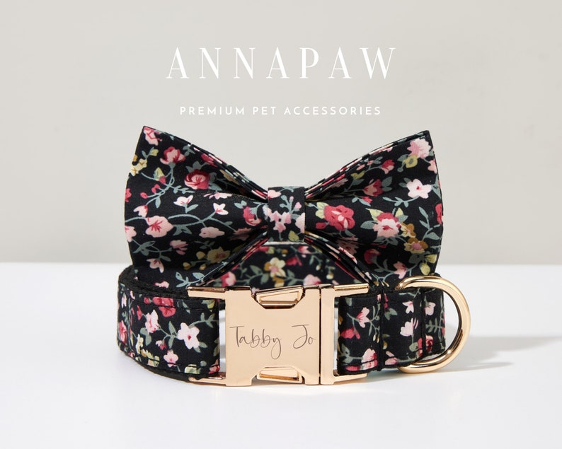 Handmade Floral Dog Collar with Personalized Tag, Flower Dog Collar and Leash with Bow, Collar for Wedding Gift, Engraved Name on Dog Collar image 4