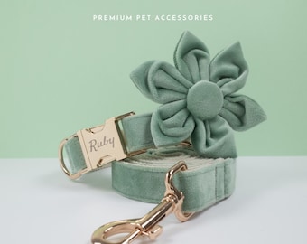 Sage Green Dog Flower Collar, Personalized Dog Accessories, Custom Dog Owners Gift, Wedding Dog Collar Flower with Name ID Tag