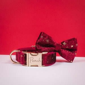 Peut inclure: Collier pour chien en velours bordeaux avec des étoiles dorées et une boucle dorée gravée du mot "Peach". Le collier est assorti à un nœud papillon en velours bordeaux avec des étoiles dorées.
