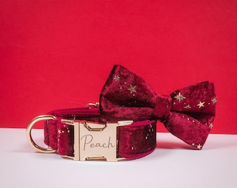 Personalized Dog Collar and Leash in Burgundy Velvet, Fancy Puppy Collar with Name Engraved on Gold Buckle,Multiple Dog Collar  for Wedding