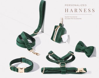 Emerald Green Dog Harness+Leash+Collar+Bow tie+Poo Bag Holder Set, Personalised Step in Harness Fancy Luxury Velvet with Engraved Nameplate