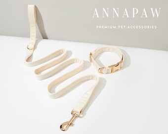 Luxurious Cream Velvet Dog Collar Bowtie Set,Handmade Puppy Collar Leash Bowtie For Wedding Gift,Custom Engraved Dog Collar Bowtie Leash
