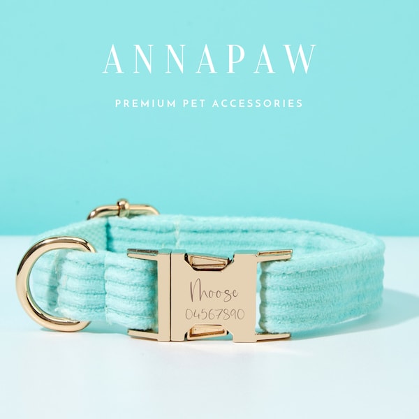 Personalized Dog Collar Bow tie Set, Aqua Corduroy Dog Lead Collar with Bow, Collar for Wedding Gift,Free Engraved Name on Puppy Collar