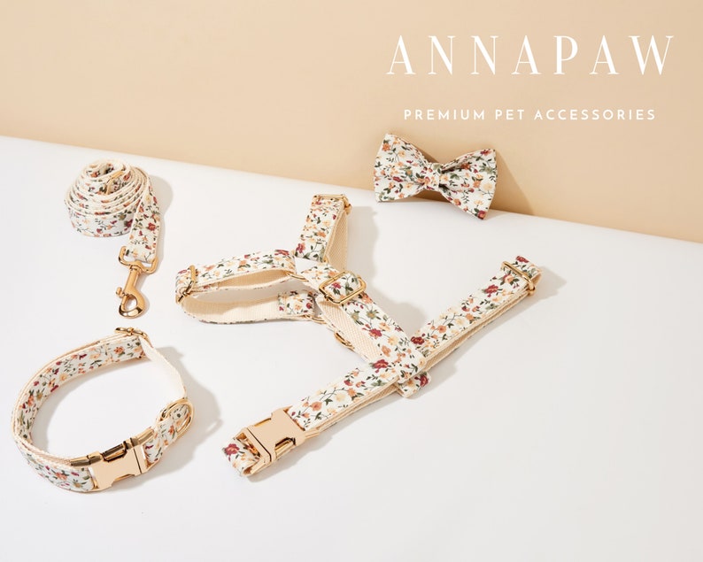 Handmade Floral Dog Collar with Personalized Tag, Flower Dog Collar and Leash with Bow, Collar for Wedding Gift, Engraved Name on Dog Collar image 7