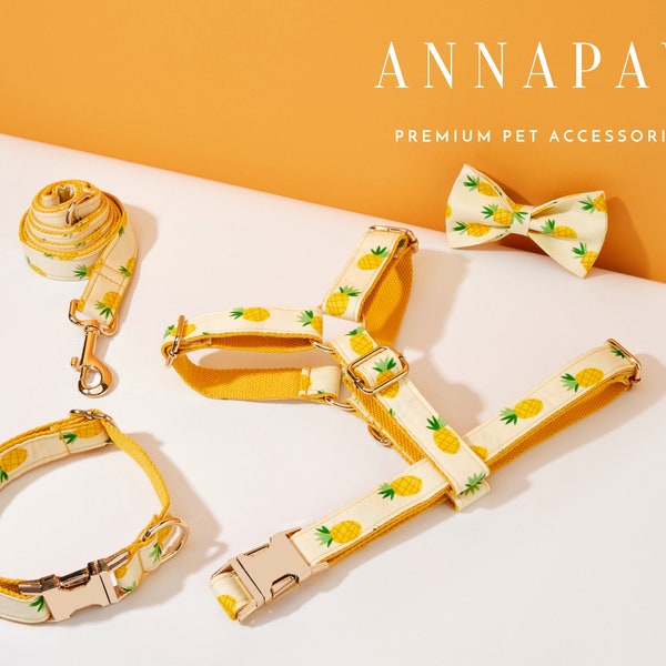 Cute Summer Pineapple Print Dog Harness and Leash Collar Bow Set, Personalised Harness with Name Engraved,Boy Dog Harness Bow tie Collar Set