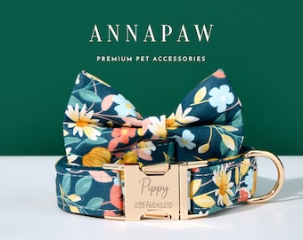 Bloemenhalsband Lead Bowtie Set, Gepersonaliseerde Puppy Halsband voor Verjaardagscadeau, Aangepaste gratis hondenharnasriem, Aangepaste hondentag