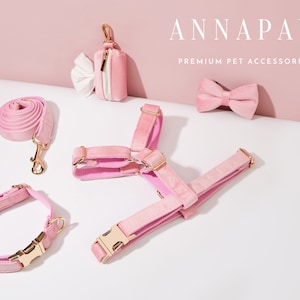 Pink Velvet Dog Harness and Leash Collar Bow Set, Personalised Girl Harness with Name Engraved,Soft Luxury Harness Bow tie Collar