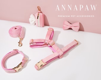 Pink Velvet Dog Harness and Leash Collar Bow Set, Personalised Girl Harness with Name Engraved,Soft Luxury Harness Bow tie Collar