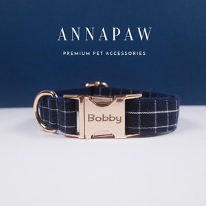 Personalized Blue Plaid Dog Collar Leash Bow Set, Dog Collar with Name Tag, Boy Dog Collar with Bow, Large Small Custom Puppy Collar Set