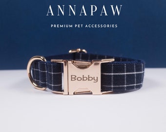 Personalized Blue Plaid Dog Collar Leash Bow Set, Dog Collar with Name Tag, Boy Dog Collar with Bow, Large Small Custom Puppy Collar Set