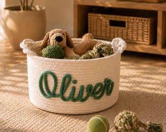 Cesta para mascotas con nombre personalizado, cesta para juguetes de perro personalizada, cesta para juguetes de gato, almacenamiento de cuerda de algodón tejida, regalo para perros