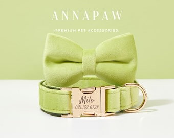 Luxurious Avocado Velvet Dog Collar Bowtie Set,Handmade Puppy Collar Leash Bowtie For Wedding Gift,Custom Engraved Dog Collar Bowtie Leash