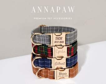 Geruite jongenshalsband met gepersonaliseerde tag, Schotse tartan halsband en riem met strik, halsband voor reu, gegraveerde naam op halsband