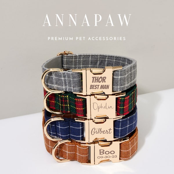 Plaid Boy Dog Collar with Personalized Tag, Scottish Tartan Dog Collar and Leash with Bow, Collar for Male Dog, Engraved Name on Dog Collar