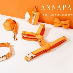 Orange Velvet Dog Harness and Leash Collar Bow Set, Personalised Girl Harness with Name Engraved,Soft Luxury Harness Bow tie Collar
