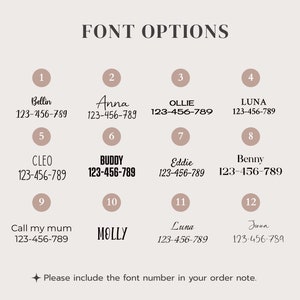 May include: A chart with 12 different font styles, each with a name and phone number. The chart is labeled "FONT OPTIONS".