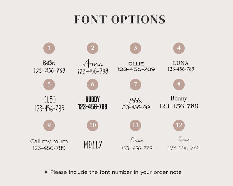 May include: A chart with 12 different font styles, each with a name and phone number. The chart is labeled "FONT OPTIONS".