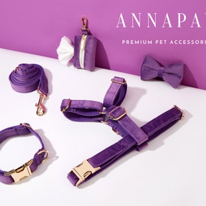 Purple Velvet Dog Harness and Leash Collar Bow Set, Personalised Girl Harness with Name Engraved,Soft Luxury Harness Bow tie Collar