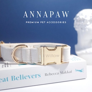 White Dog Collar with Name, Thick Velvet Dog Collar Wedding, Luxury Pet Puppy Collar for Small Dogs, Engraved Gold Buckle with Design