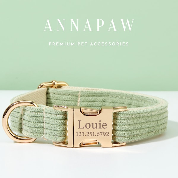 Sage Green Corduroy Dog Collar Bowtie Set,Personalized Corduroy Dog Collar and Leash, Collar for Wedding Gift,Free Engraved on Dog Collar