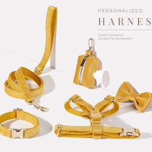 May include: A set of yellow velvet pet accessories, including a harness, leash, collar, and bow tie. The accessories are laid out on a white surface. The text "PERSONALIZED HARNESS" and "Stylish Functional Durable Pet Accessories" is visible in the image.