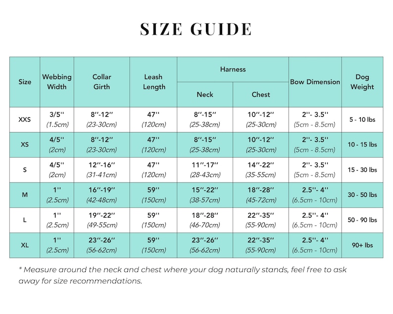 Puede incluir: Tabla de tallas para arneses, collares, correas y anchos de correas para perros. La tabla incluye medidas en pulgadas y cent&iacute;metros, as&iacute; como recomendaciones de peso en libras.