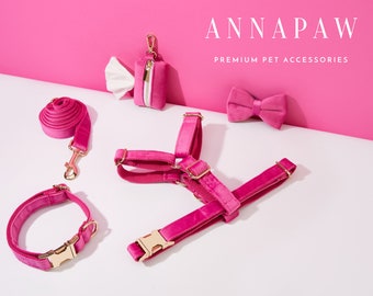 Rose Pink Velvet Dog Harness and Leash Collar Bow Set, Personalised Girl Harness with Name Engraved,Soft Luxury Harness Bow tie Collar