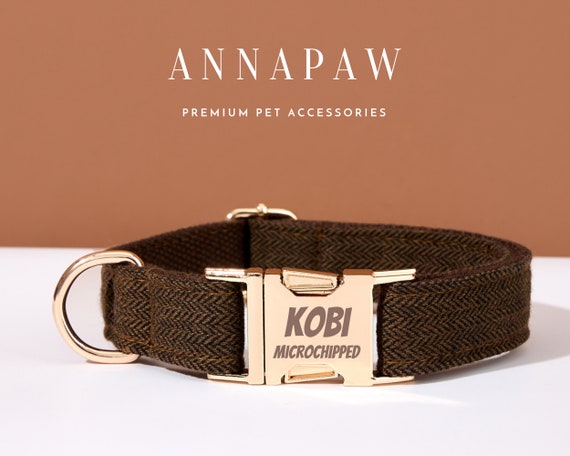 Dark Brown Herringbone Pattern Dog Collar Set personalized Puppy Collar Leash for Wedding Gift free Dog Harness Leash Set customized Dog Tag Etsy Canada