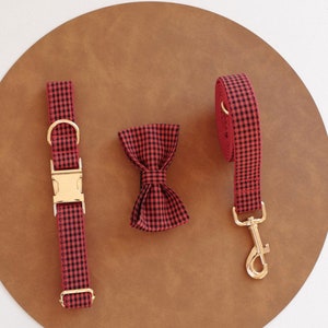 Red Gingham Personalised Dog Collar and Leash Bow tie set, Free Name Engraving