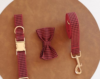 Ensemble collier et noeud papillon personnalisés Vichy rouge pour chien, nom gravé gratuit