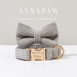 Luxurious Grey Corduroy Puppy Collar Leash Bowtie Set,Handmade Dog Collar Bowtie Set For Wedding Gift,Personalized Dog Collar Leash Bowtie